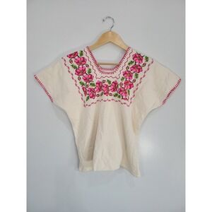 Handmade Mexican Huipil Blouse Cream Cotton Pink Floral Cross Stitch Boho Top